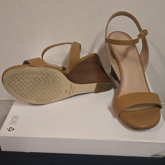 Cole Haan Pecan JOSIE Leather Wedge Sandals with Ankle Strap - Picture 5 of 8